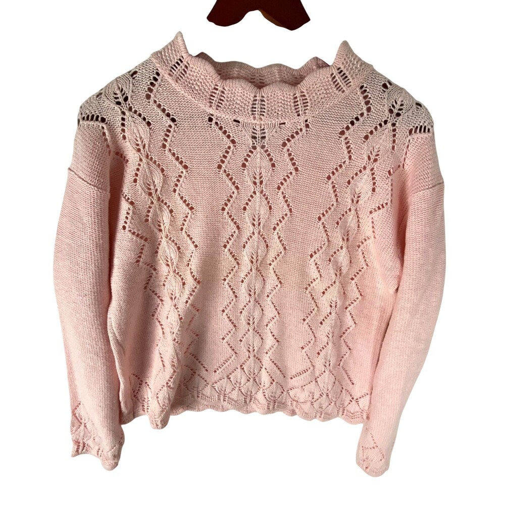 Erika Sweater Women's Small Pink Crochet Knit Cotton Casual Long Sleeve Pullover